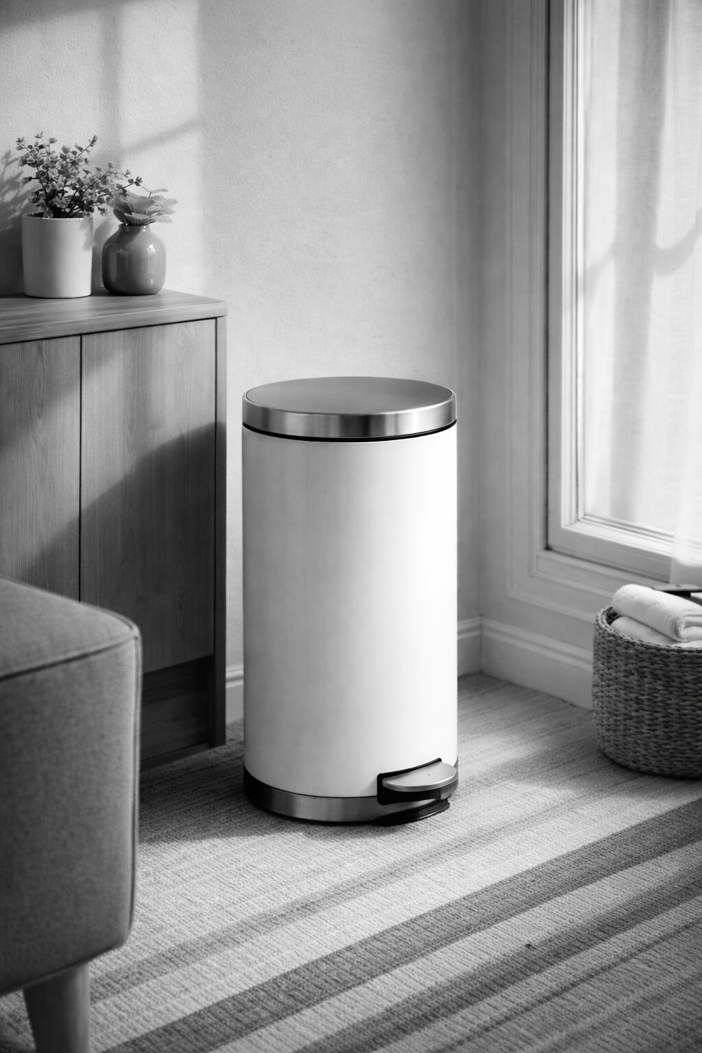 modern pedal trash bin in living room interior