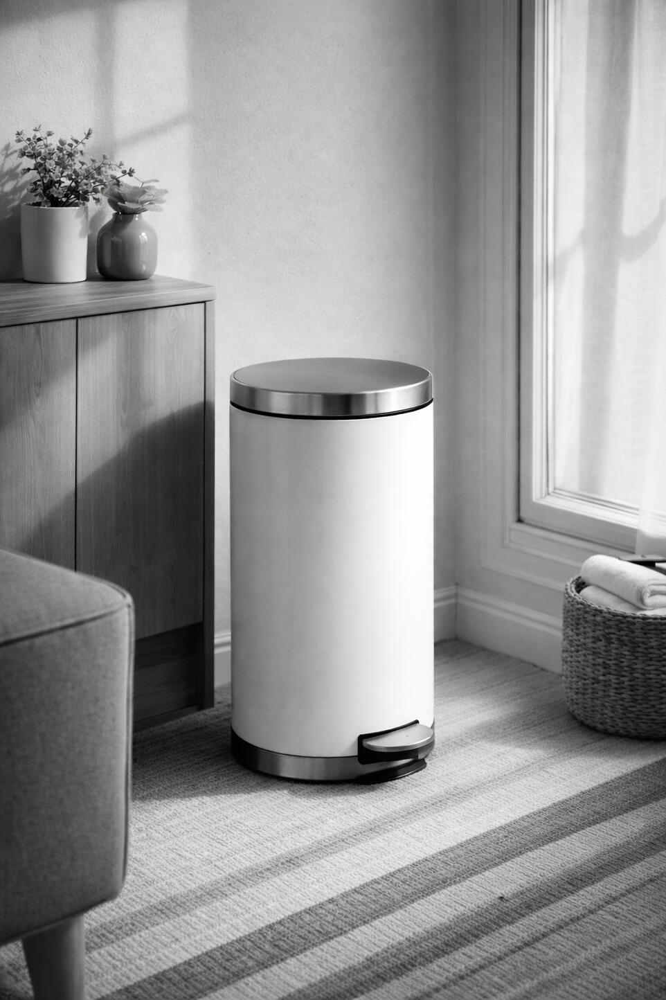 modern pedal trash bin in living room interior modern pedal trash bin in living room interior